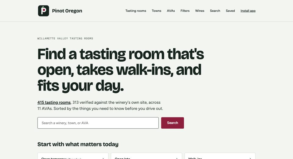 The Pinot Oregon home page, with a search box for wineries, towns, and AVAs